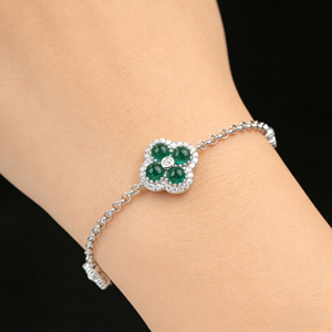 S925 Silver Lab-Created Emerald Four-leaf Clover <b>Bracelet</b> with Sparkling Diamond Halo, Elegant Women's Jewelry-V - Product Image 1