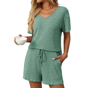 Conjunto de 2 Piezas de Verano, Unisex, Casual, Ecológico, Transpirable, Cuello en V, Midi, Shorts, Color Sólido, Manga Corta Acanalado - Product Image 6