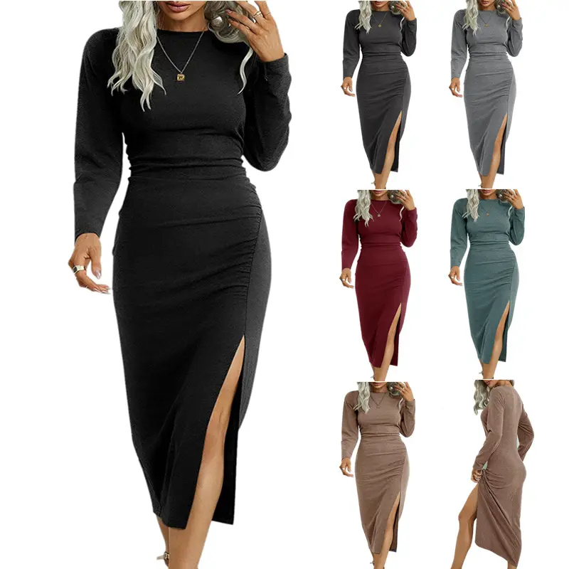 FuYu Panic Buying 2023 Autumn New Women's Solid Colour Round Neck Slim Long-Sleeved Split Temperament Dresses