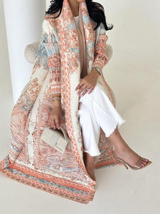 WD645 chaqueta plisada con estampado para mujer musulmana estilo Vintage Abaya cortavientos verano longitud poliéster Dubai estilo árabe - Product Image 6