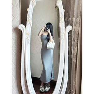 Gray Spaghetti Strap Bodycon Dress Tight Waist Long Solid Color Casual Party Dress For Women - Product Image 4