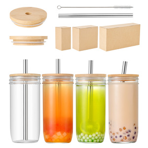 Botella de Vidrio Transparente Reutilizable para Beber, Taza de Café Helado con Pajita, Batido de Boca Ancha, Mason, Boba, Cerveza, Tapa de Bambú, 16oz - Product Image 3