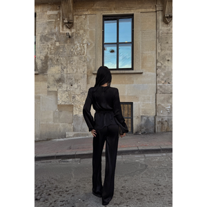 Ensemble deux pièces pour femmes, style club, chemisier en satin à nouer et pantalon, noir, XS-XL, pour la saison d'automne - Product Image 2