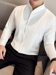 Camicia con scollo a V di fascia alta e Sexy, Design a maniche lunghe da <span class=keywords><strong>uomo</strong></span>, camicia con <span class=keywords><strong>colletto</strong></span> in piedi <span class=keywords><strong>senza</strong></span> <span class=keywords><strong>colletto</strong></span> e <span class=keywords><strong>senza</strong></span> cuciture - Product Image 5