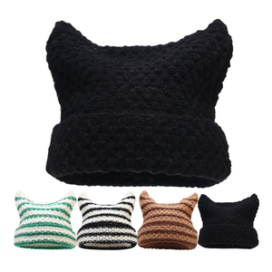 Y2K chat oreille tricot chapeau à capuche casquette chaud Slouchy Crochet gothique tricoté chat oreille bonnet <span class=keywords><strong>petit</strong></span> diable chapeau femmes hiver à la main bonnet - Product Image 1