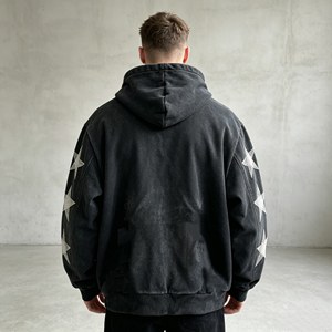 Sweat-shirt à capuche pour homme 100% coton, coupe oversize, effet délavé personnalisé, fermeture éclair, style vintage et déchiré - Product Image 5