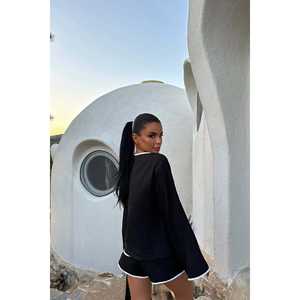 Black Ladina Flared <b>Linen</b> 2-Piece <b>Shorts</b> Set for <b>Women</b> Above <b>Knee</b> <b>Length</b> for Summer and Winter - Product Image 3