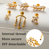 HENGSEN G23 PVD or rempli F136 Implant Grade Titane Boucle d'oreille Blanc CZ Cluster Filetage interne Boucle d'oreille à dos plat
