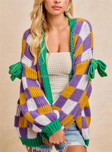 Femmes décontracté Mardi Gras damier nœud décor ouvert Cardigan pull hiver saison avant Logo goutte épaule coupe ample - Product Image 3