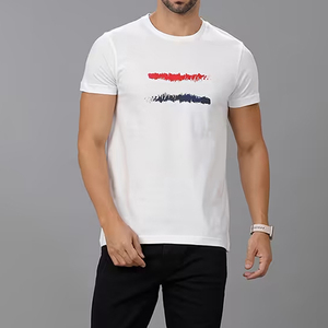 เสื้อยืดคอกลมแขนสั้นสีขาวสำหรับผู้ชาย พิมพ์ลายทาง คอโอ ทรงลำลอง ผ้าคอตตอนเจอร์ซีย์ - Product Image 5