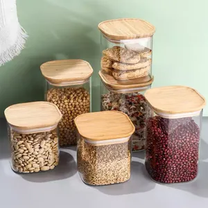 Stackable Square Handmade Borosilicate Food Glass Jar With Bamboo Lid