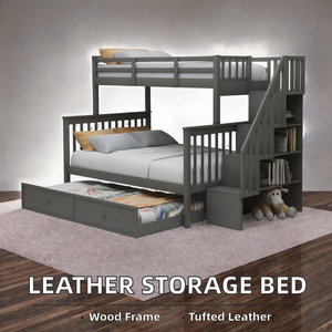 Modern <b>Wood</b> <b>Bunk</b> <b>Bed</b> Storage Stair <b>Bed</b> Frame Bedroom Furniture for Kids- Teens Adults - Product Image 2