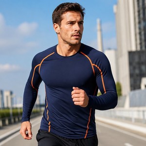 Kaos Lari Lengan Panjang Kompresi Khusus Pabrik dengan Jahitan Kontras untuk Pria Marathon Fitness Logo OEM - Product Image 4
