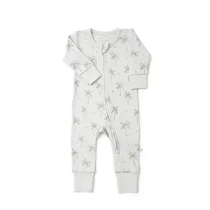 Palm Pattern Luxo Bebê Romper GOTS Certified Organic Baby Jumpsuit Zipper Baby Pijama