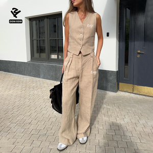 Ensemble blazer pour <span class=keywords><strong>femme</strong></span> F5285, débardeur sans manches à col en V, vêtements décontractés en <span class=keywords><strong>lin</strong></span>, ensemble 2 pièces, veste et <span class=keywords><strong>pantalon</strong></span>, ensemble deux pièces pour <span class=keywords><strong>femme</strong></span> - Product Image 1