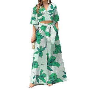 Phụ Nữ Của Mùa Hè Mới In Khí V-Cổ Áo Sơ Mi Và Quần Lỏng Đi Du Lịch Eo Cao Sexy Giải Trí Phù Hợp Với - Product Image 2