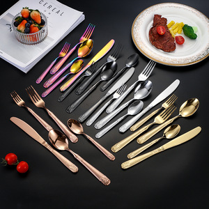 Ensemble de couverts en acier inoxydable gaufré, couteau, fourchette, cuillère, couteau à steak occidental doré pour hôtel, 20-40 pièces, pour mariage, compatible lave-vaisselle - Product Image 1