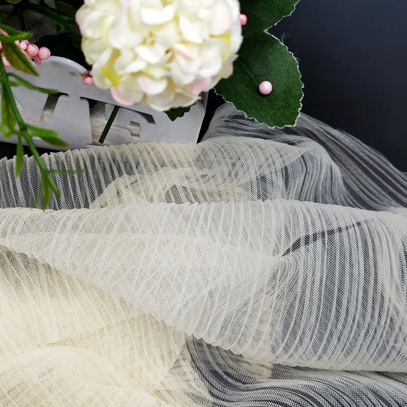 100%Polyester Ivory Pleated Tulle Fabric Crinkle Pleated Crepe Mesh Fabrics