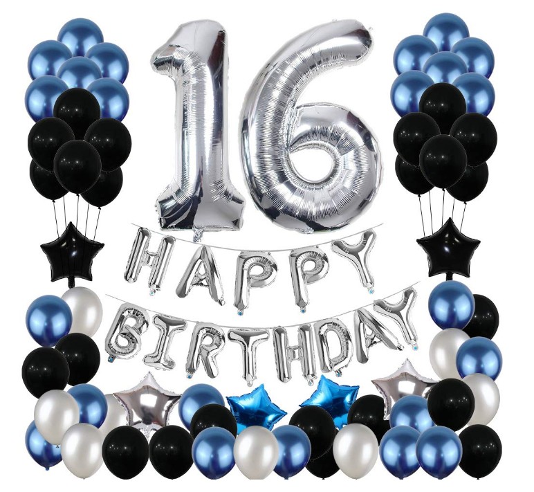 シルバー HAPPY BIRTHDAY バルーン 数字16 バルーンギフトキット