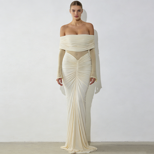 Robes longues sirène élégantes et glamour en satin extensible blanc ivoire, à épaules dénudées, avec buste froncé et panneau transparent à manches longues - Product Image 1