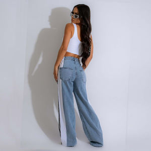 IHOOV, pantalones vaqueros de retazos de <span class=keywords><strong>tres</strong></span> rayas para mujer, pantalones vaqueros de pierna ancha sueltos transpirables y lavables con logotipo <span class=keywords><strong>en</strong></span> la cintura - Product Image 5