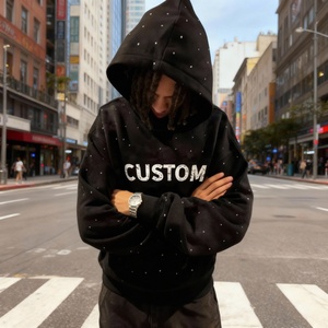 Sweat à capuche noir pour homme, style streetwear hip-hop, délavé à l'acide, effet soleil, coupe oversize, imprimé strass, personnalisable par le fabricant - Product Image 1