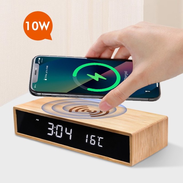 Bamboo Mirror Surface Square 10W Phone Wireless Charging Luminous Thermometer Calendar Alarm Clock Desktop Digital Mute Modern