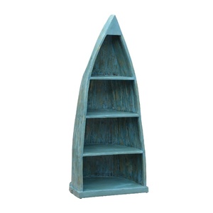 Boat-Shaped Wooden Display Shelf <b>Unit</b> | Distressed Blue Open Storage Rack | Nautical Style <b>Corner</b> Shelf for Living Room & Home - Product Image 5