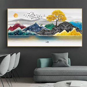 <span class=keywords><strong>Cuadros</strong></span> Decorativos para Pared, Impresiones de Arte Nórdico Abstracto, Árbol Dorado, Pájaros, Montaña, Lienzo, Pintura, Cuadro para Sala de Estar, Decoración del Hogar - Product Image 3