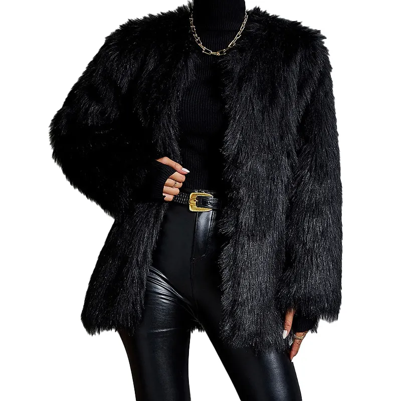 숙녀 가짜 모피 올 블랙 코트 스톡 따뜻한 양털 재킷 높은 양털 모피 재킷
