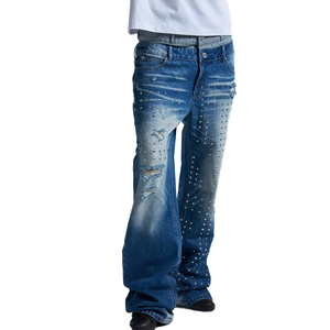 Wholesale Custom Double Waistband Ripped Denim Jeans Rhinestone <b>Rivet</b> Embellished Flare Jeans Distressed Vintage Denim Trousers - Product Image 4