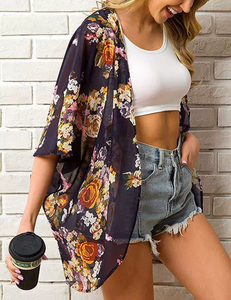 <span class=keywords><strong>Kimono</strong></span> <span class=keywords><strong>cardigan</strong></span> en mousseline de soie respirante à fleurs pour femmes, vêtements de plage d'été avec manches chauve-souris - Product Image 2