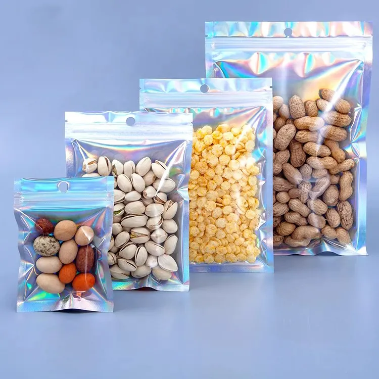 कस्टम एल्यूमीनियम फ़ॉइल लोगो ज़िपर पुन: सील करने योग्य गंध रोधी एल मायलर प्लास्टिक खाद्य खाद्य पैकेजिंग होलोग्राम बैग