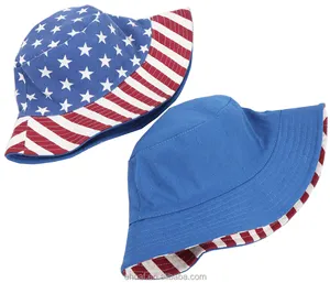 成人时尚太阳帽棉帆布美国国旗明星印花水桶帽