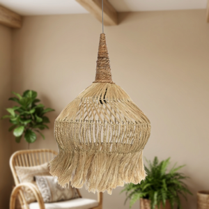 Lampe suspendue en rotin tissé à la main, avec franges, abat-jour en verre, style bohème, pour chambre à coucher, café, restaurant - Product Image 3