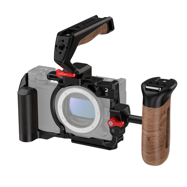 Metal Camera Cage Rig w Wooden Grip Handle for Nikon ZR Mirrorless Camera Cold Shoe Mount Expansion Protective Frame Accessories
