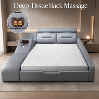 Lit Moderne de Luxe en Cuir Rembourré avec Haut-parleur Bluetooth, Massage Cervical, Cadre en Bois Durable et Design Compact