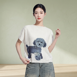 Camiseta de verano de algodón transpirable con estampado de perro para mujer, top de punto holgado con manga casquillo y cuello redondo - Product Image 4