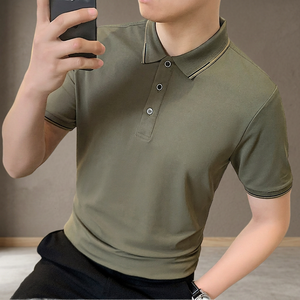 เสื้อโปโลแขนสั้นสีเขียวมะกอกสำหรับผู้ชาย ผ้าฝ้ายถัก สวมใส่สบาย สีพื้น ระบายอากาศดี ดีไซน์กระดุม ทรงปกติ - Product Image 3
