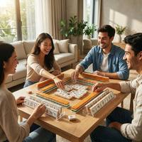 Set Mahjong Seni Crane dan Lotus dengan Ubin Berlapis Dua Warna dalam Nuansa Peach Hangat dan Hijau Tua untuk Hiburan dan Permainan di Rumah yang Penuh Seni