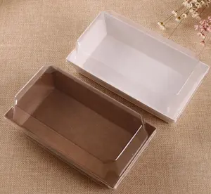 Kotak Kue Coklat Persegi Panjang 4*4 Inci, Wadah Kertas Kraft Grade Makanan dengan Tutup Plastik Transparan