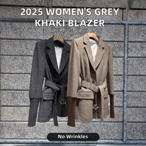 2025 nueva chaqueta de alta calidad para mujer Otoño Invierno prendas de vestir exteriores cuello con muescas de punto de retazos de manga larga de lana gris - Product Image 2