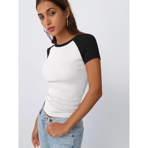 Trendy 2025 Queen Womens Cute Slim Outfits Summer Crop Top Cuello redondo acanalado Manga corta Cute Raglan Sleeve Top Camisetas sin mangas para mujer - Product Image 3