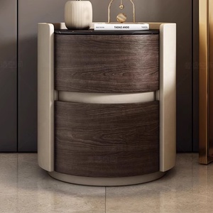 Comodino <span class=keywords><strong>Rotondo</strong></span> di Design Minimalista di Fascia Alta in Legno Massello di Lusso Leggero per Camera da <span class=keywords><strong>Letto</strong></span> con Piano in Pelle e Lastra di Roccia - Product Image 2