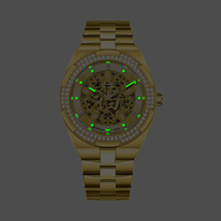 AIKEFELLER AF2660 Montre automatique pour homme, cristal saphir, aiguilles, étanche 3ATM, lunette sertie de diamants, plaqué or, acier inoxydable, luxe