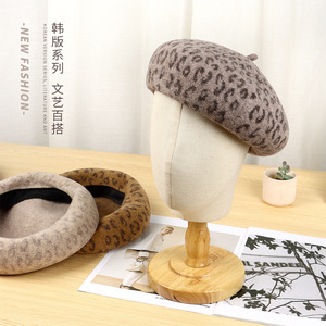 Wool Beret <b>Leopard</b> <b>Print</b> Women Autumn Winter Warm <b>Hat</b> Face Slimming Style - Product Image 2