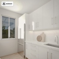 Meuble de cuisine en acrylique au design contemporain, aménagement en U, rangement par tiroirs, projets de maison et boîtes en panneaux de mélamine