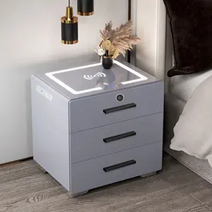 Modern Gray Led Nightstand Fingerprint Lock Smart Solid Wooden Smart Bedside Table Wireless Charging