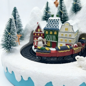 ฉากหมู่บ้านคริสต์มาสบนภูเขาพร้อมรถไฟเคลื่อนที่ ไฟ LED และเสียงเพลง ของตกแต่งวันหยุดทำจากเรซิ่น - Product Image 2