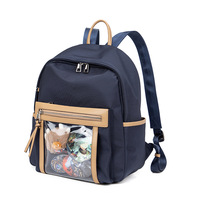 Tas Ransel Ita Bag Jepang Vintage Gaya Preppy Anti Air Bahan Nilon Warna Kontras dengan Jendela Transparan untuk Menampilkan Pin dan Badge Lucu